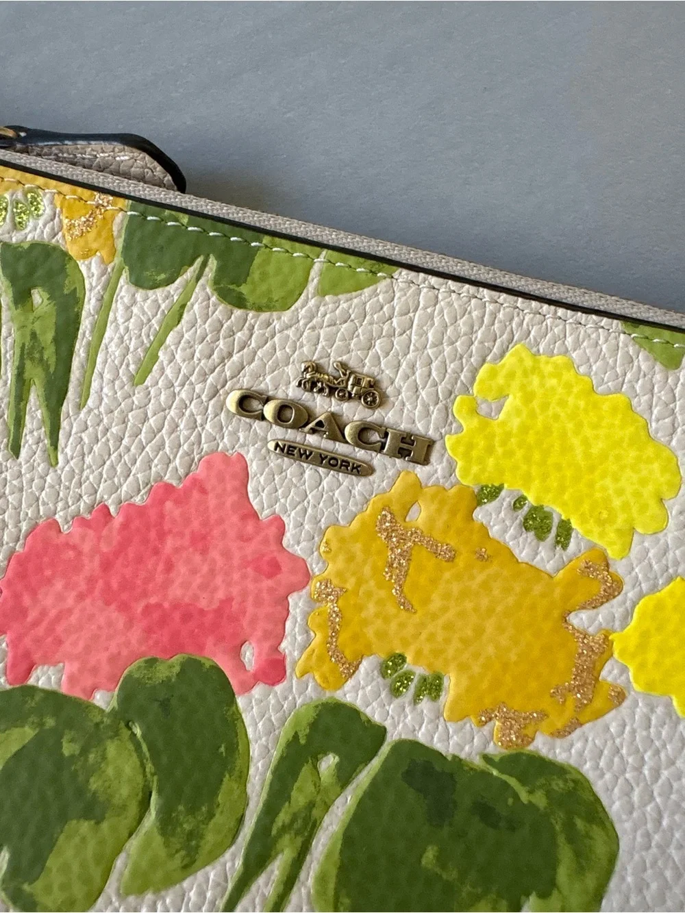 COACH Floral Leather Wristlet in Cream with Yellow, Pink & Green